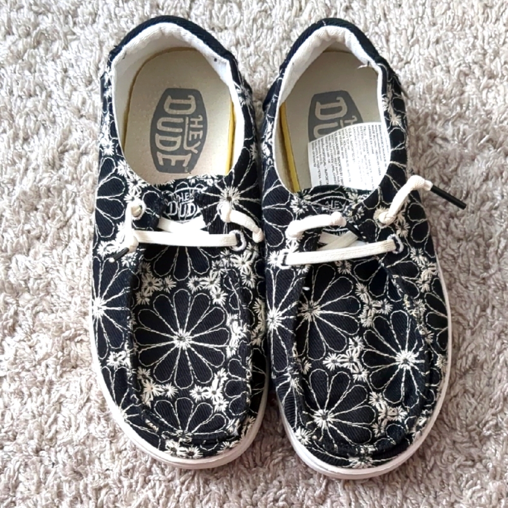 Hey Dude Kids Ladies Black and White Floral Sneakers